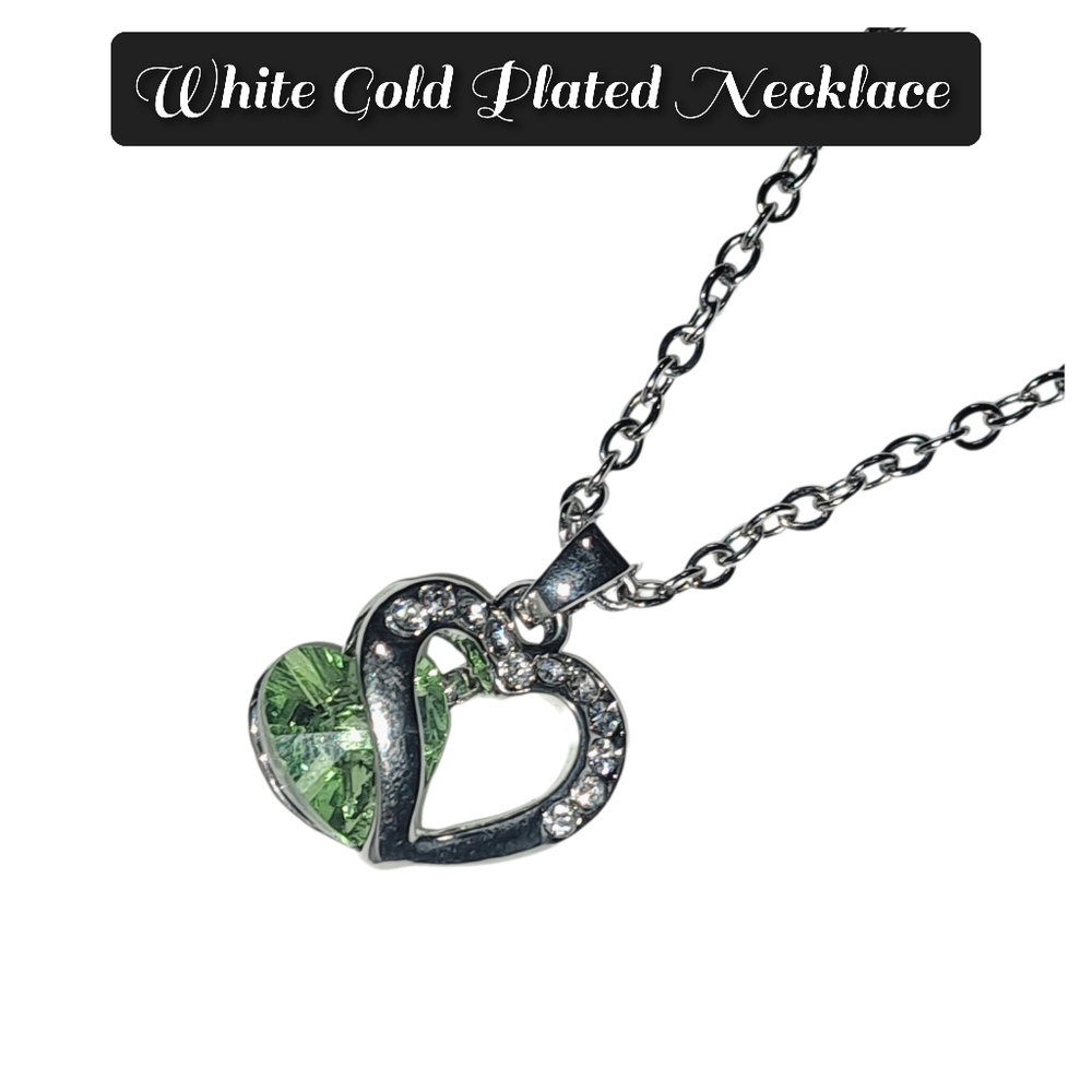 White Gold Plated Green CZ Heart Pendant with Stainless Steel Necklace